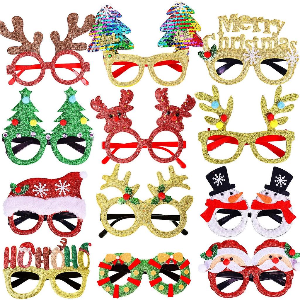 Max Fun 12Pcs Christmas Glasses Glitter Holiday Party Glasses Frames Christmas Decoration Accessories Costume Eyeglasses for Christmas Parties