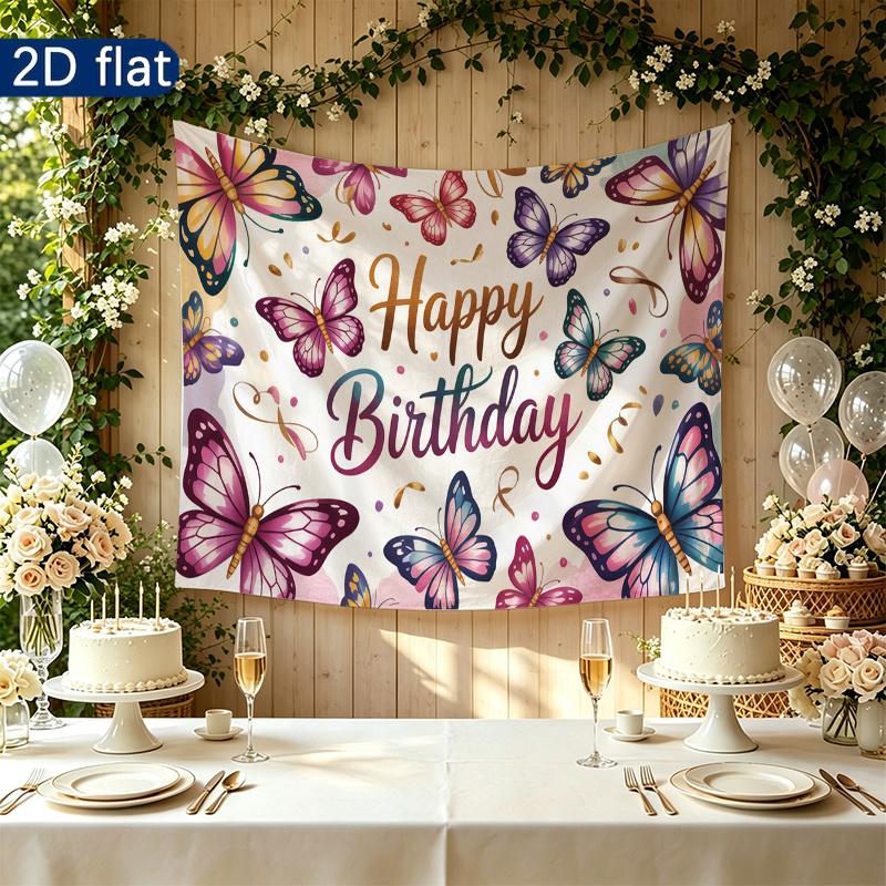 Birthday Party Butterfly Gifts Banner, Colorful Polyester Backdrop for Wall Hanging Decor