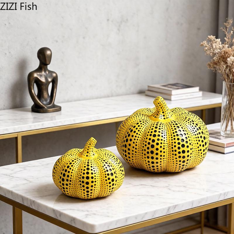Polka Dot Art Pumpkin Sculpture Yellow Pumpkin Handicraft Desk Decoration Resin Artwork Ornaments Modern Home Decor Accessories