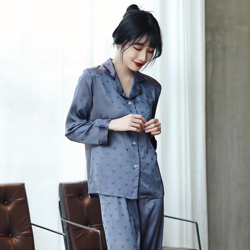 Women’s Spring Summer Ice Silk Pajama Set Long Sleeve Top and Pants Satin Heart Jacquard Lightweight Loungewear