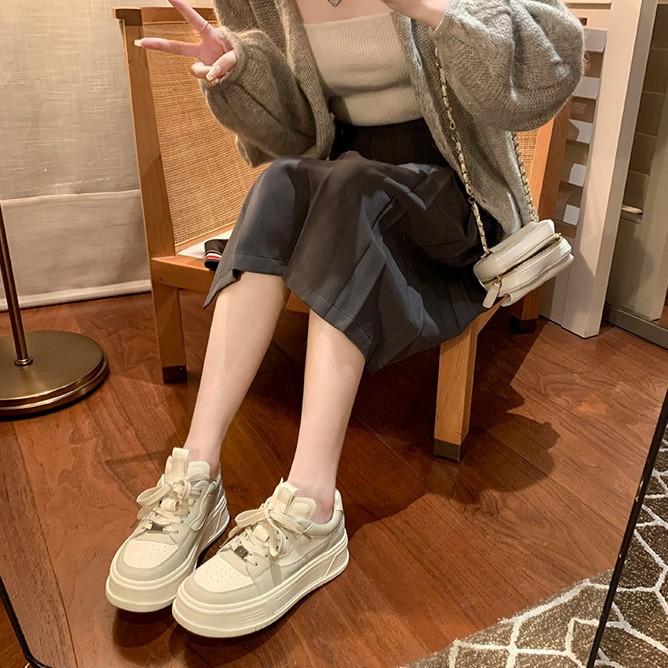 Cowhide~ Genuine leather little white shoes women's round head color matching muffin thick sole height increase casual sports shoes versatile