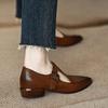 Coarse heel small size 2025 pointed T-shaped low heel versatile retro buckle with brown rare women's spring single shoes versatile low heel