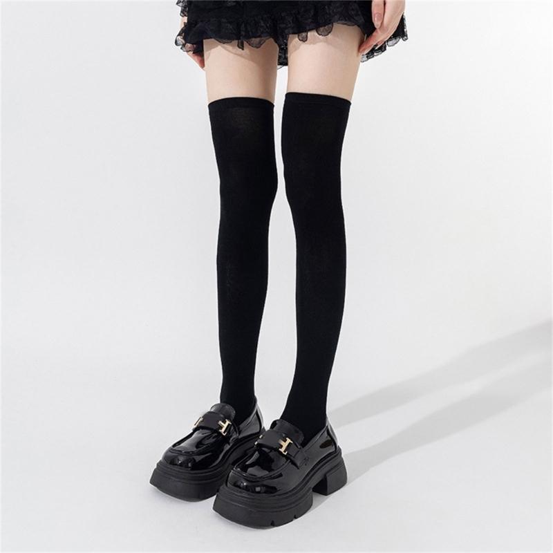 Women Solid Color Ribbed Cuffs Thigh High Stockings Japanese Preppy Students Stretchy Over The Knee Long Boot Socks