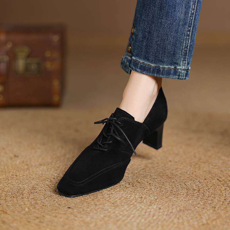 Krazing Pot Sheep Suede Autumn Winter Shoes Stiletto Med Heels Lace Up Size 43 Size 42 Pointed Toe Deep Mouth Pumps