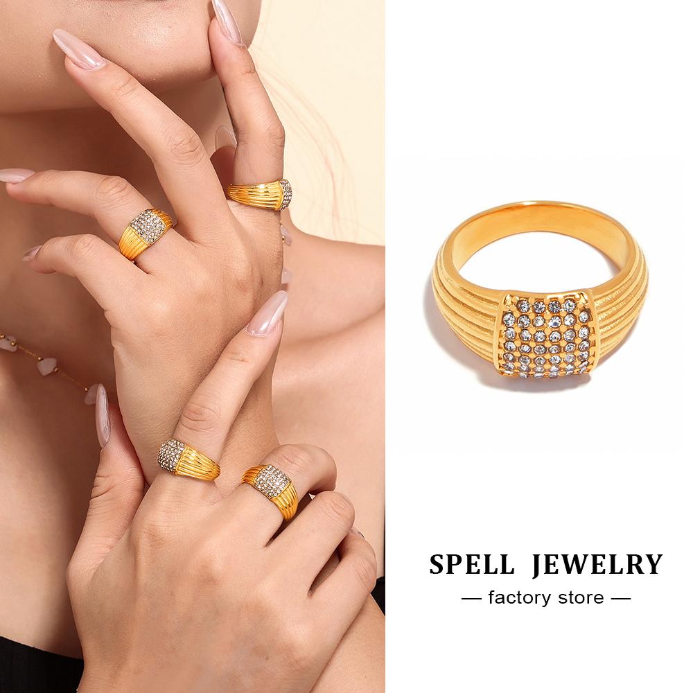 Damenring mit glänzenden Strasssteinen, 18 Karat vergoldet, wasserfest, nicht anlaufend, gegossene Edelstahlringe für Damen, luxuriöser Damenschmuck