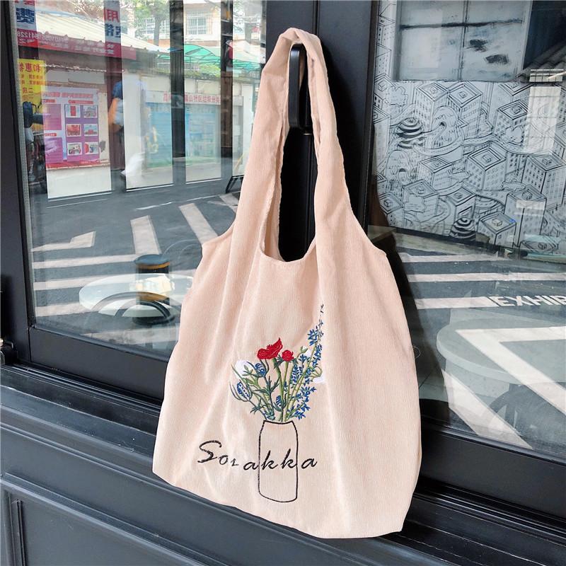 Chic Corduroy Embroidered Tote Bag Soft Handle Floral Design Japanese Style кремовый