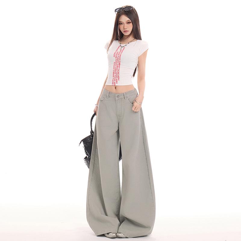 Women s 2026 Spring/Summer Khaki High-Waisted Wide-Leg Slimming Jeans Extra Large