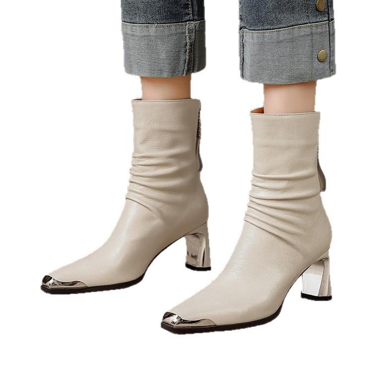 French metal square head high-heeled short women's boots 2025 autumn and winter new thick heel rear zipper leather Chelsea boots women