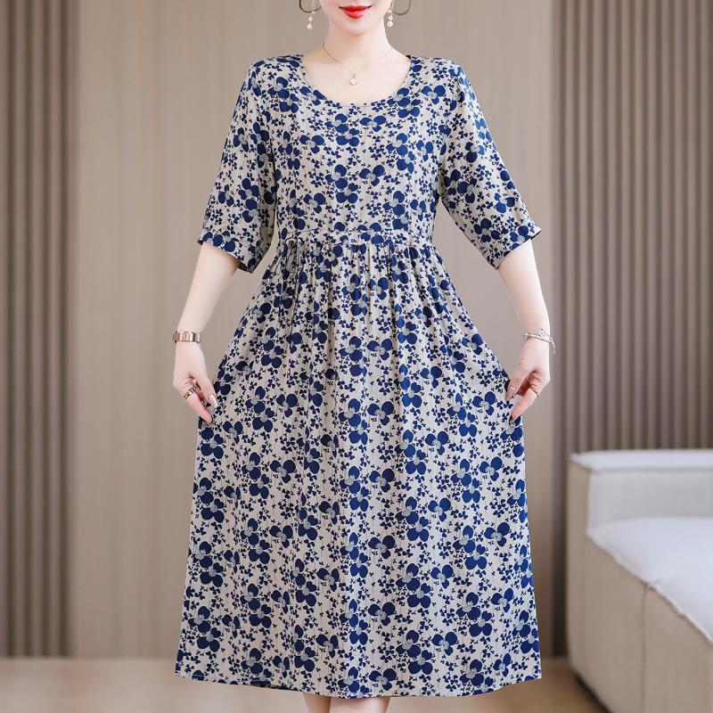 Casual Summer Women's Dresses  Plus Size Half Sleeve Vintage Print Long Dress Female