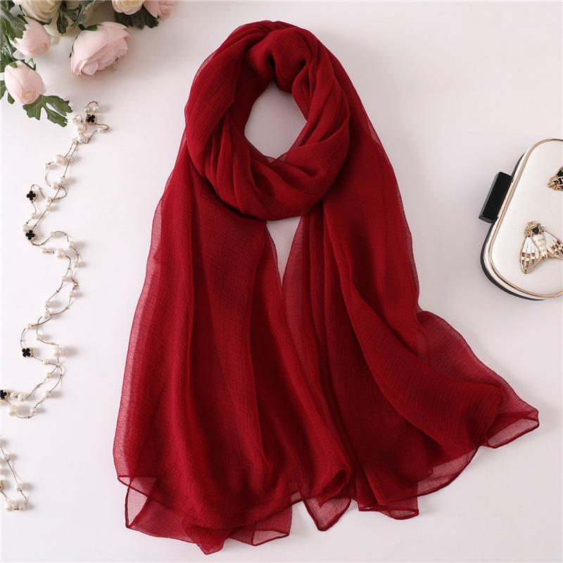 

Solid color silk scarf sunscreen shawl versatile scarf imitation silk women s vacation beach scarf headscarf crocodile wrinkle thin 180*90cm