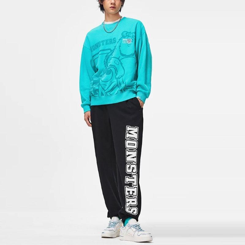 Li Ning X Disney Collaboration FW23 Letter Cartoon Print Fleece Warm Loose Pullover Sweatshirt Unisex Sweatshirt Ice-Porcelain-Green AWDT813-4