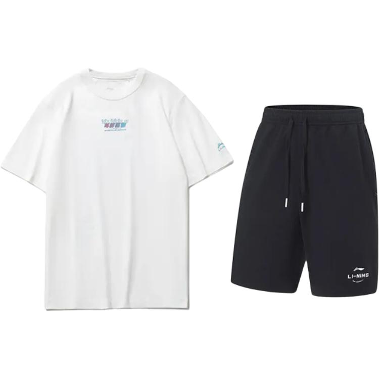 

Li-Ning Модный трендовый удобный пуловер с принтом букв, круглый вырез, короткий рукав, шорты с завязкой на средней посадке, повседневный спортивный костюм AHSU969-3+AKST543-3 XL