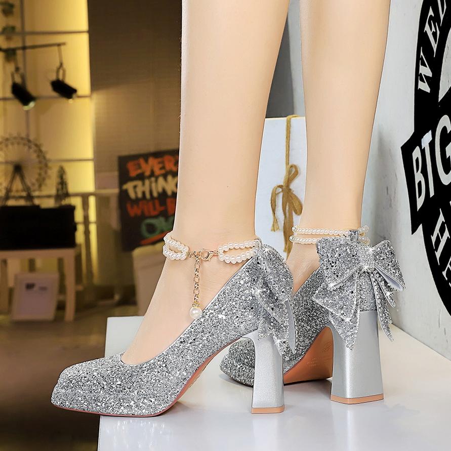 Sweet Pearl Straw High Heels Women's Water Diamond Bow Square Head Waterproof Platform Coarse Straw Shoes