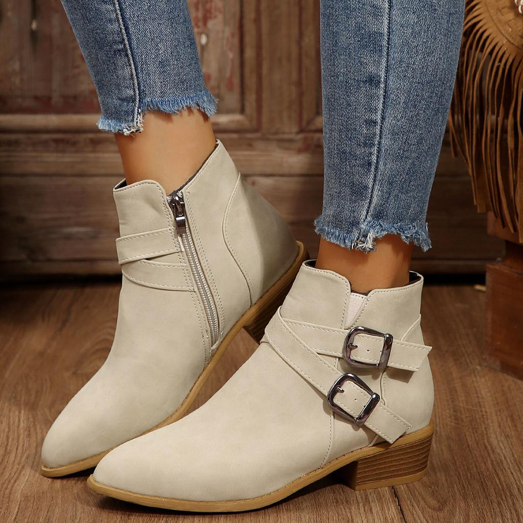 Damen Spitz zulaufend Mode Klobiger Absatz Gürtel Seitenreißverschluss Bequem Wildleder Knöchelhohe Stiefel Stiefel Für Damen Niedriger Absatz Offene Zehenpartie