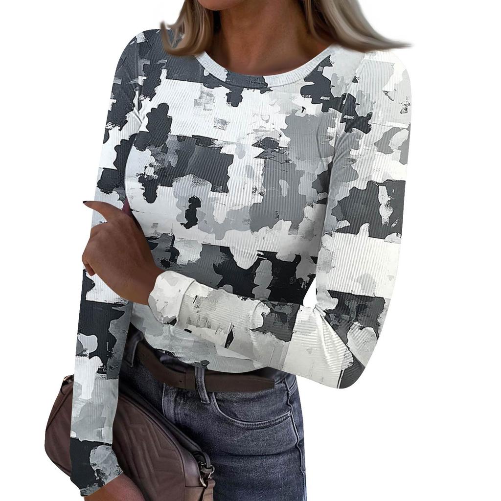 Dámské A Zimní Slim Spodní Tričko Módní Ležérní Gradientní Potisk Kulatý Výstřih Pulovr Dlouhý Rukáv Top