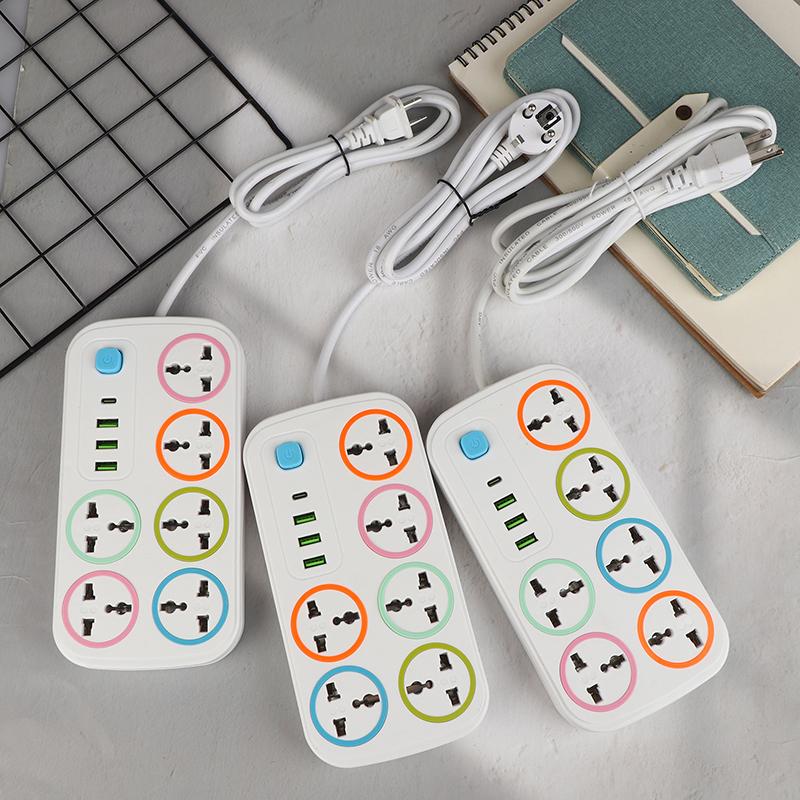 Eu Us Plug 2/3Pin Power Strip 1 Typec 3 Usb Port 6 Way Ac Outlet 2/3/5M Extension Power Socket Charge Electrical Socket