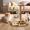 Solid Wood Cat Scratching Post Activity Center Natural Sisal Wrap Multi-Layer Turntable Platform With Rolling Catnip Balls Hanging Pom-poms & Spring