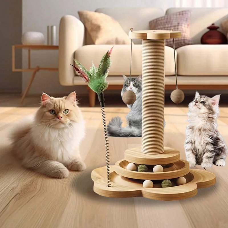 Solid Wood Cat Scratching Post Activity Center Natural Sisal Wrap Multi-Layer Turntable Platform With Rolling Catnip Balls Hanging Pom-poms & Spring