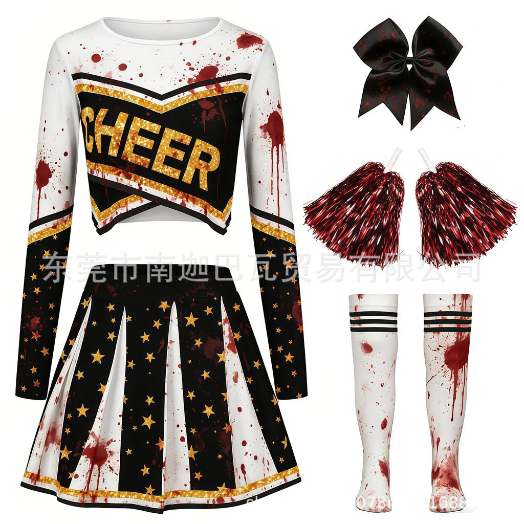 Zombie Cheerleading Uniform Women's Long-sleeve Cheerleader Performance Top Short Skirt Pom-pom Halloween School Student Costume