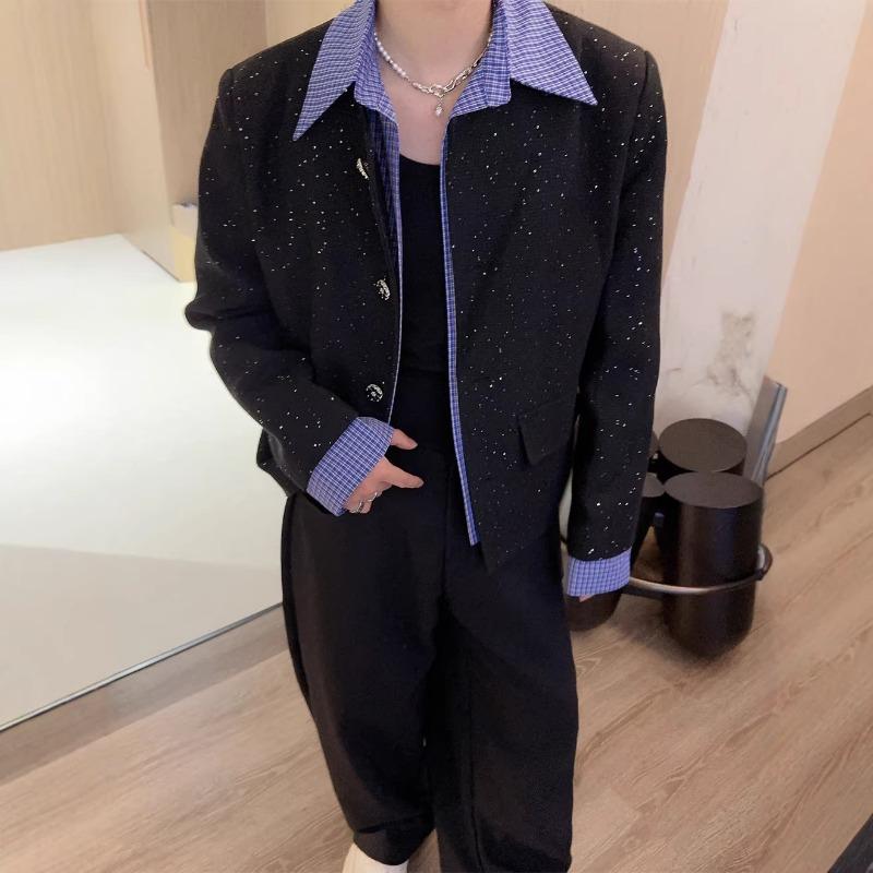 

Men s Sparkle Plaid Contrast Collar Cropped Button Jacket Casual Streetwear Outerwear S чёрный
