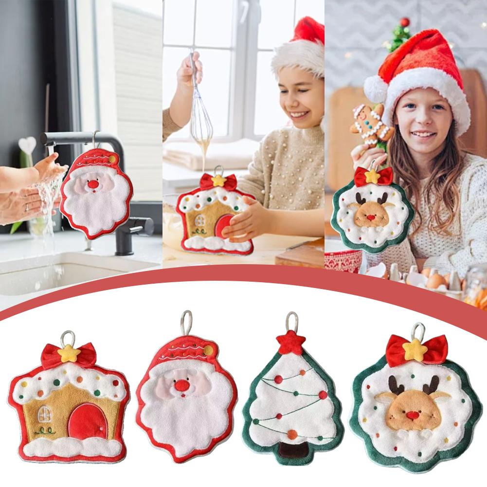 Christmas Hand Towels 2025 Elk Santa Tree Pattern Cleaning Cloth Coral Fleece Plush Towel Absorbent Hang Wipe Xmas Decor