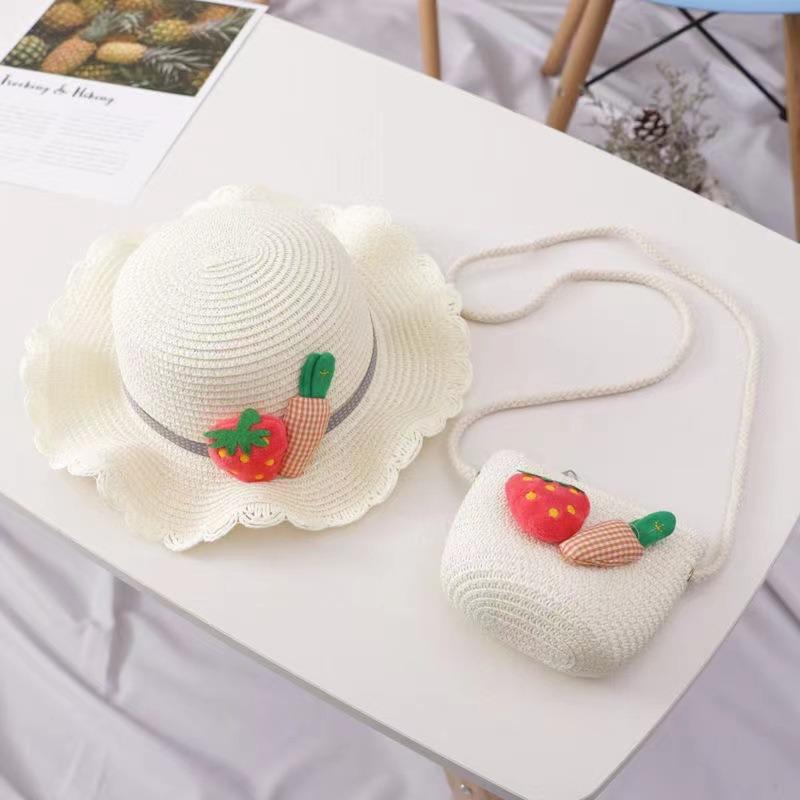 Small fresh carrot sun protection sun hat children's summer beach hat wavy straw hat sun hat bag set
