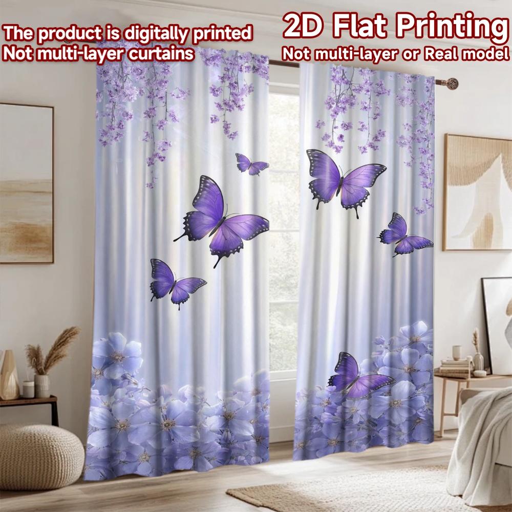 2D Flat Printing 2pcs Curtain Window Drapes Spring Butterflies and Flowers Digital Printed Polyester Drapes Family Party for
