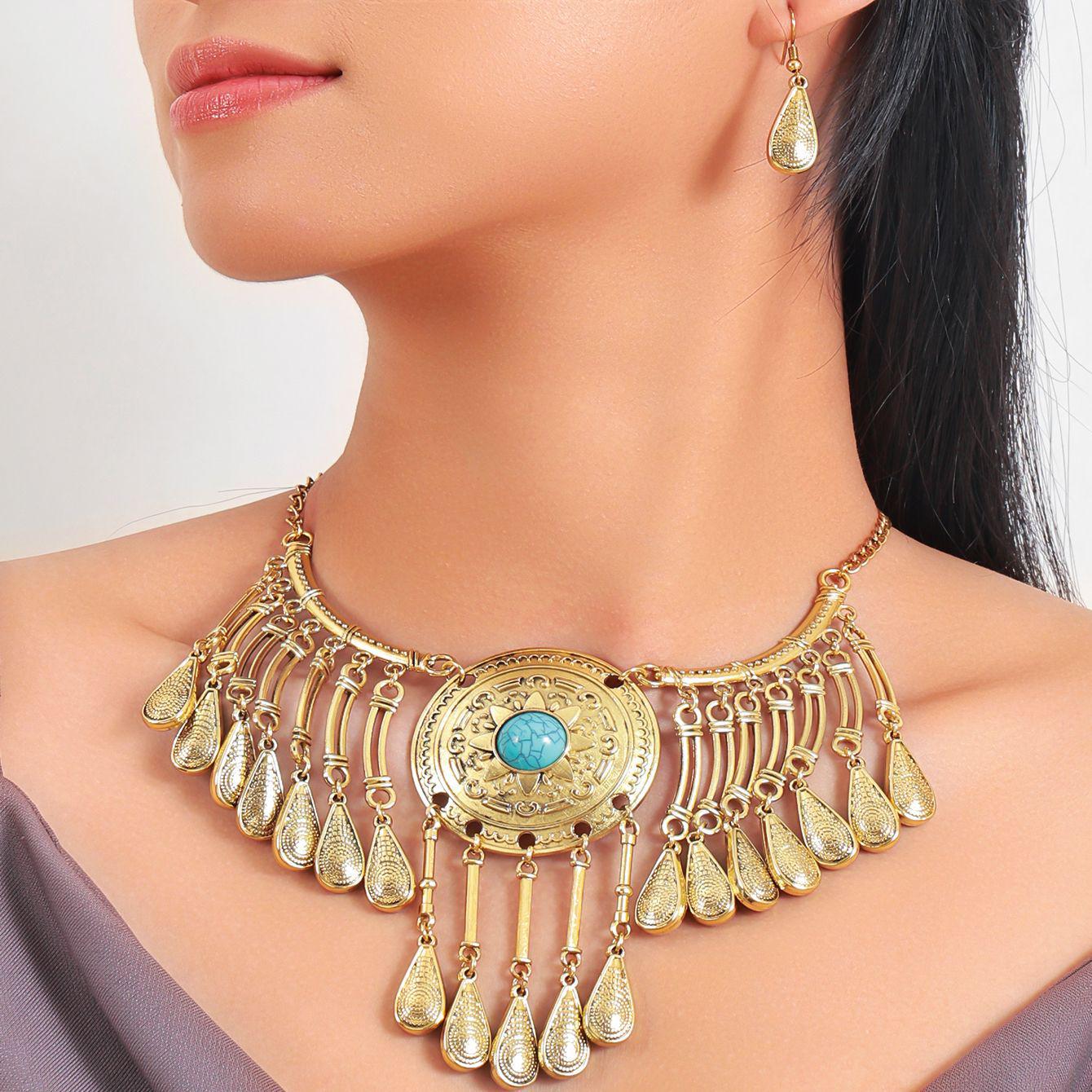 Retro Geometric European Tassel Necklace Set with Ethnic Water Drop Design