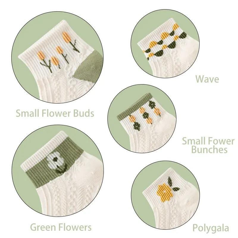 5 Pairs Flowers Socks White Cute Little Sweet Style Summer Breathable Pure Cotton White Mid Tube Green Floral Socks Women Krean