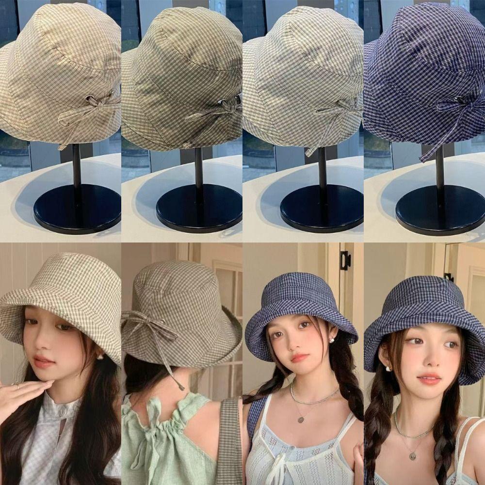 Korean Style Wide Brim Bucket Hats Summer Sunshade Basin Caps Plaid Bucket Hats  Sun Protection