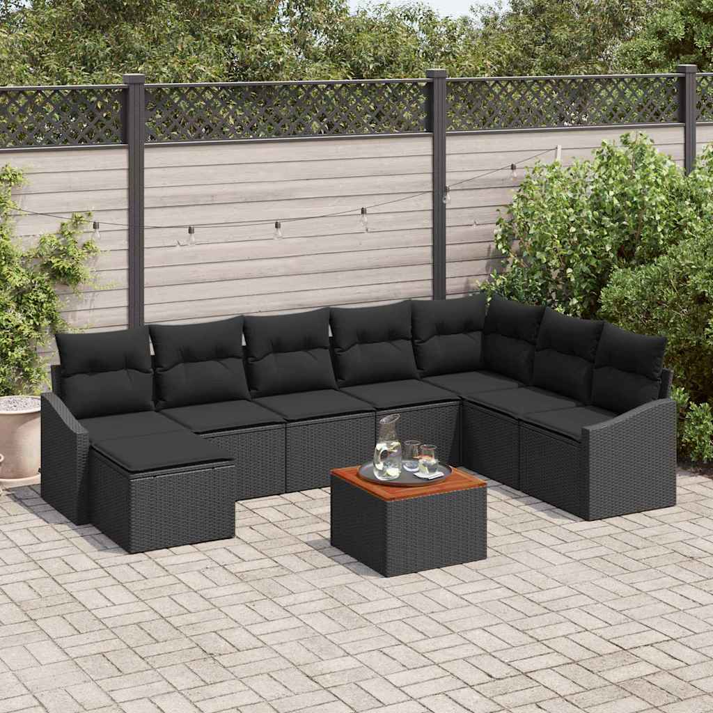9 Piece Garden Sofa Set with Cushions Black Poly Rattan