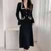 French Long-Sleeve Sweater Dress: Lapel Buttons, Contrasting Colors, High Waist, Slim-Fit Knitted Design