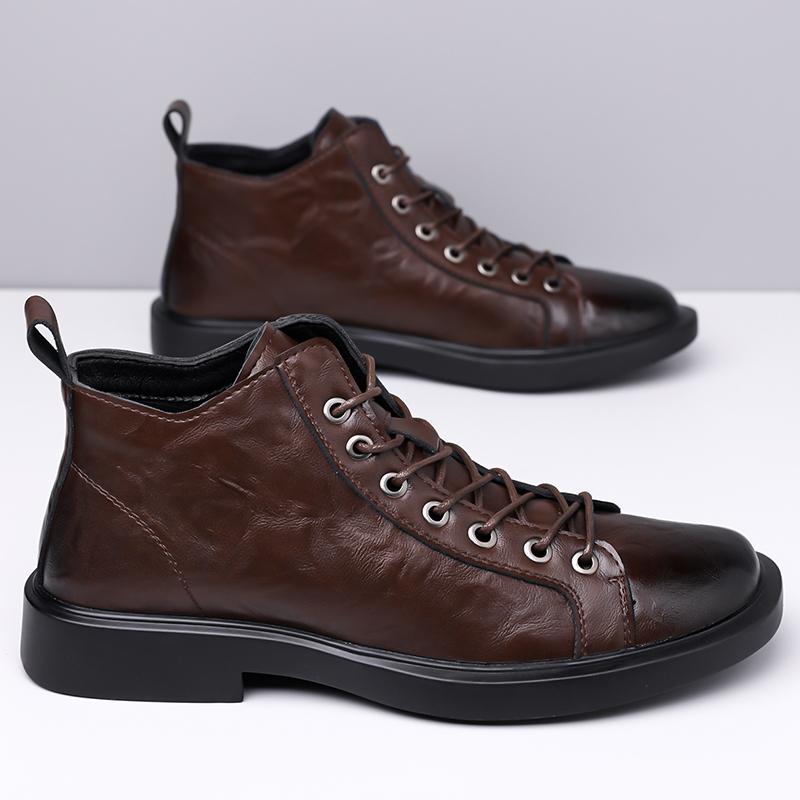 Men Black Shiny High Ankle Casual Work Boots Lace Up Flat Thick Anti Slip Sole Retro Daily Office Street Outdoor Ankle Shoes
