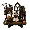 Artistic Halloween Desk Decor Reading Ghost Figurine Wooden Desktop Ornaments Vintage Unique Gothic Room Statue with Stand for Home Tabletop