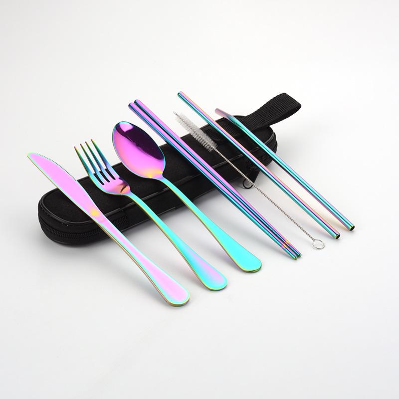 Travel Portable Stainless Steel Cutlery Set: Knife, Fork, Spoon, Straw, Chopsticks with Bag