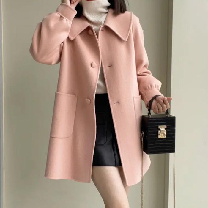 2024 Autumn/Winter Mid-Length Slimming Woolen Coat with Heart Buckle and Peter Pan Collar for Women