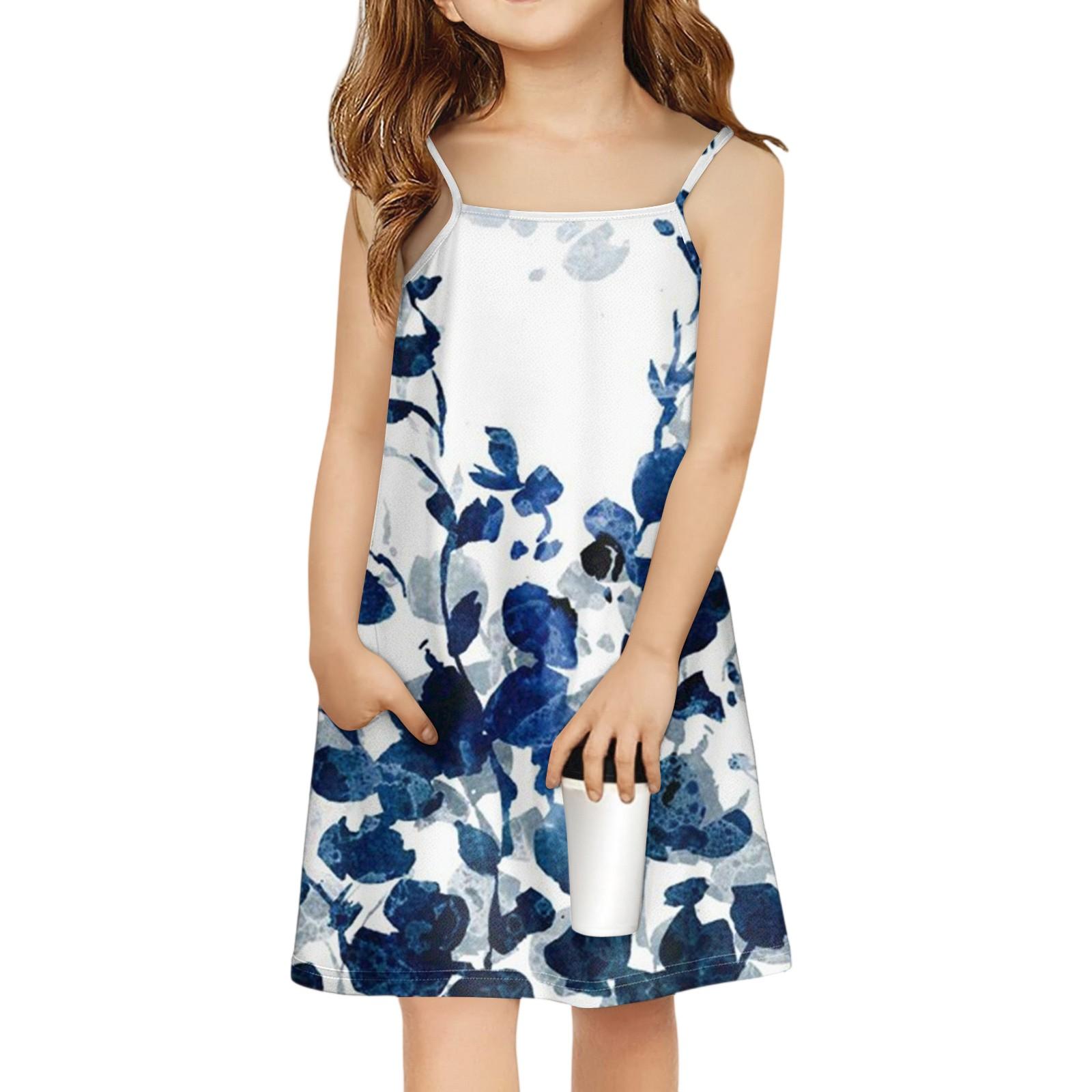 

Children s Sleeveless Square Neck Summer A-Line Casual Holiday Floral Suspender Dress 140