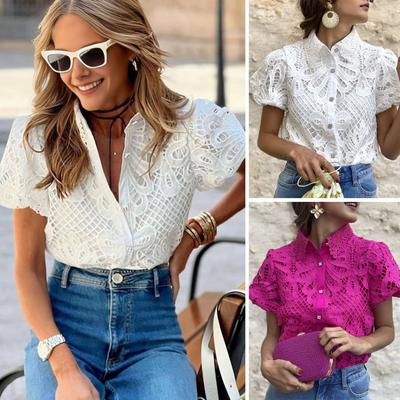 Camisa de mujer con solapa abullonada, manga corta, ajustada, color liso, cierre de botones, encaje hueco