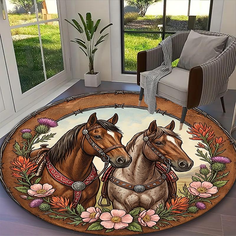 1pc Digital Printed Chair Rug for Home Office Use, Desert Floral Equine Horse Carpet Appropriate for All Seasons, Soft Round Carpet
