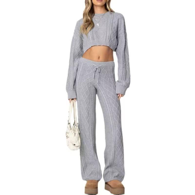Fashion Wind Loose Knitting Crop Top Top and Trousers Suit Knitted Crop Top and Pants Set