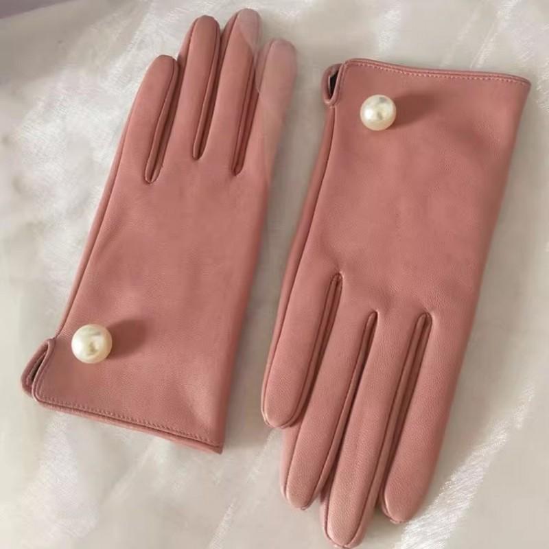 Elegant Women Pearls Sheepskin Genuine Leather Gloves Motorcycle Riding Gloves Female Accessories Mittens Autumn Winter Gloves