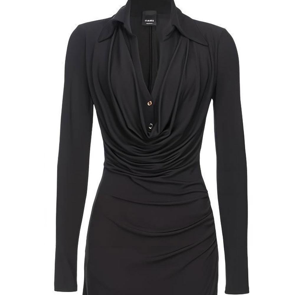PINKO Solid Color V-Neck Pleated Waist Slim Fit Midi Long Sleeve Dress Women dresses Black 103052A1L0-Z99