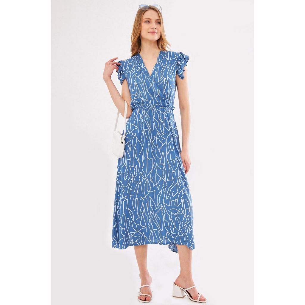 Vestido midi beige para mujer, cuello cruzado, volantes en los hombros, cintura elástica, largo midi, mangas 24y001020