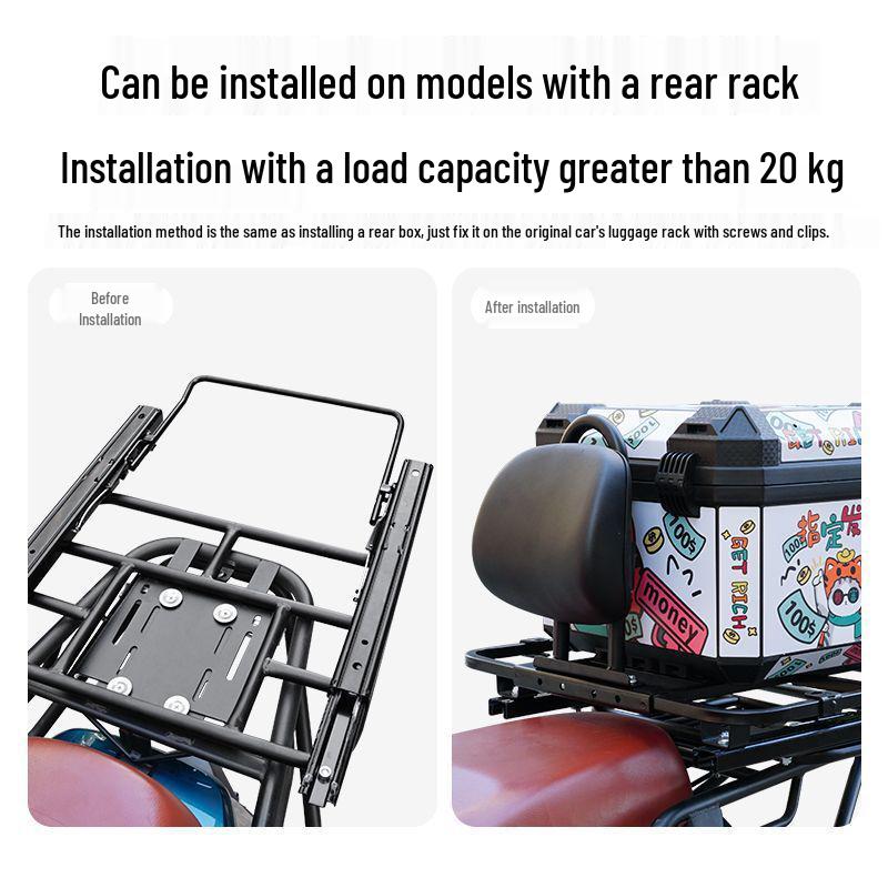 Adjustable EV Rear Rack: Motorcycle Slide Rail Cargo Bracket with Telescopic Mobile Backrest for Takeaway Box
