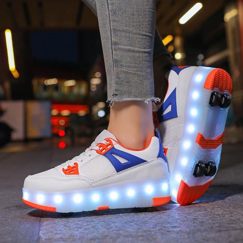 Student Skating Shoes Rotating Button Four Wheel Skate Roller Shoes Roller Skating Removable Kids Glowing Sneakers