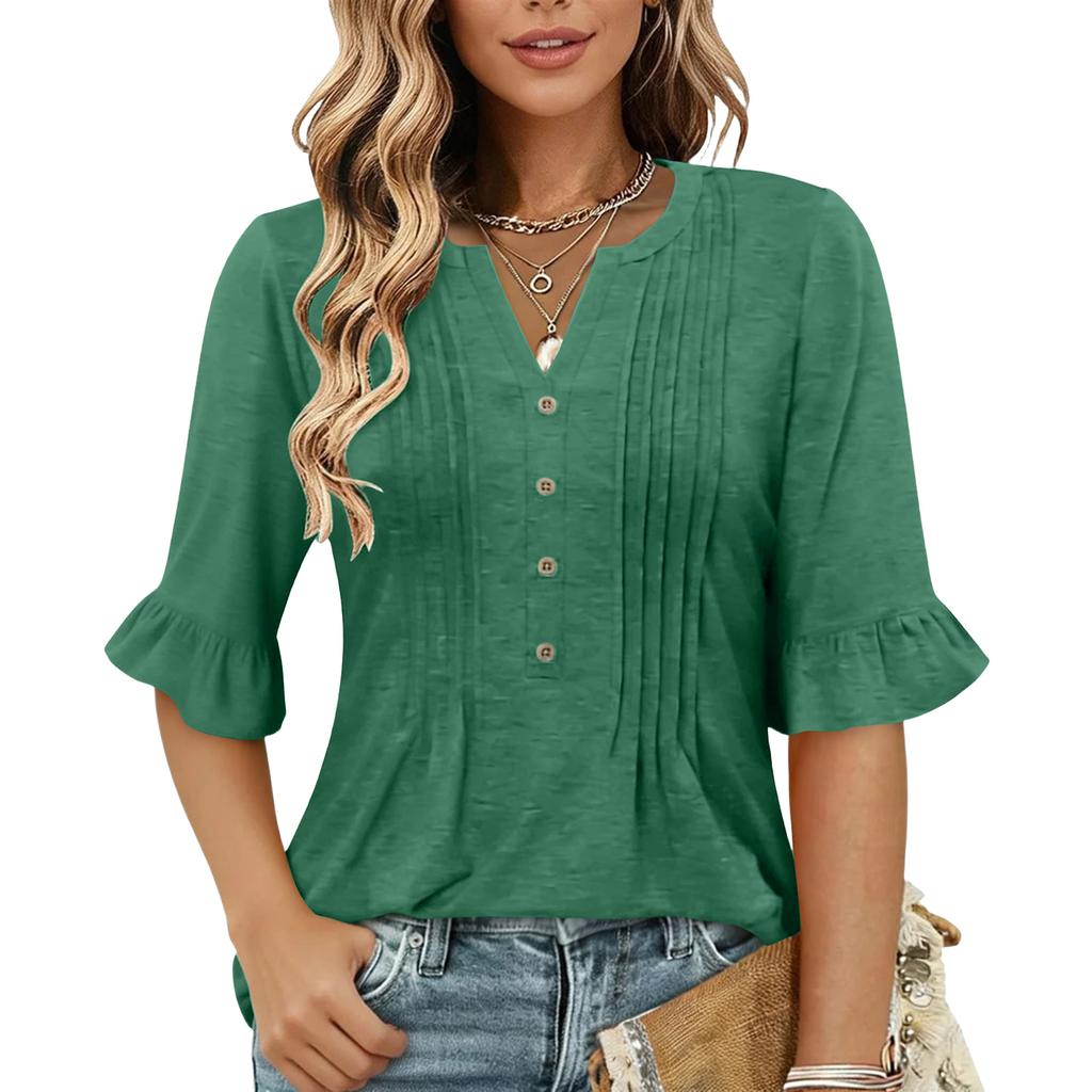 Women's Fashion Casual V-Neck Button-Front Pleated T-Shirt With Short Sleeves In Solid Color