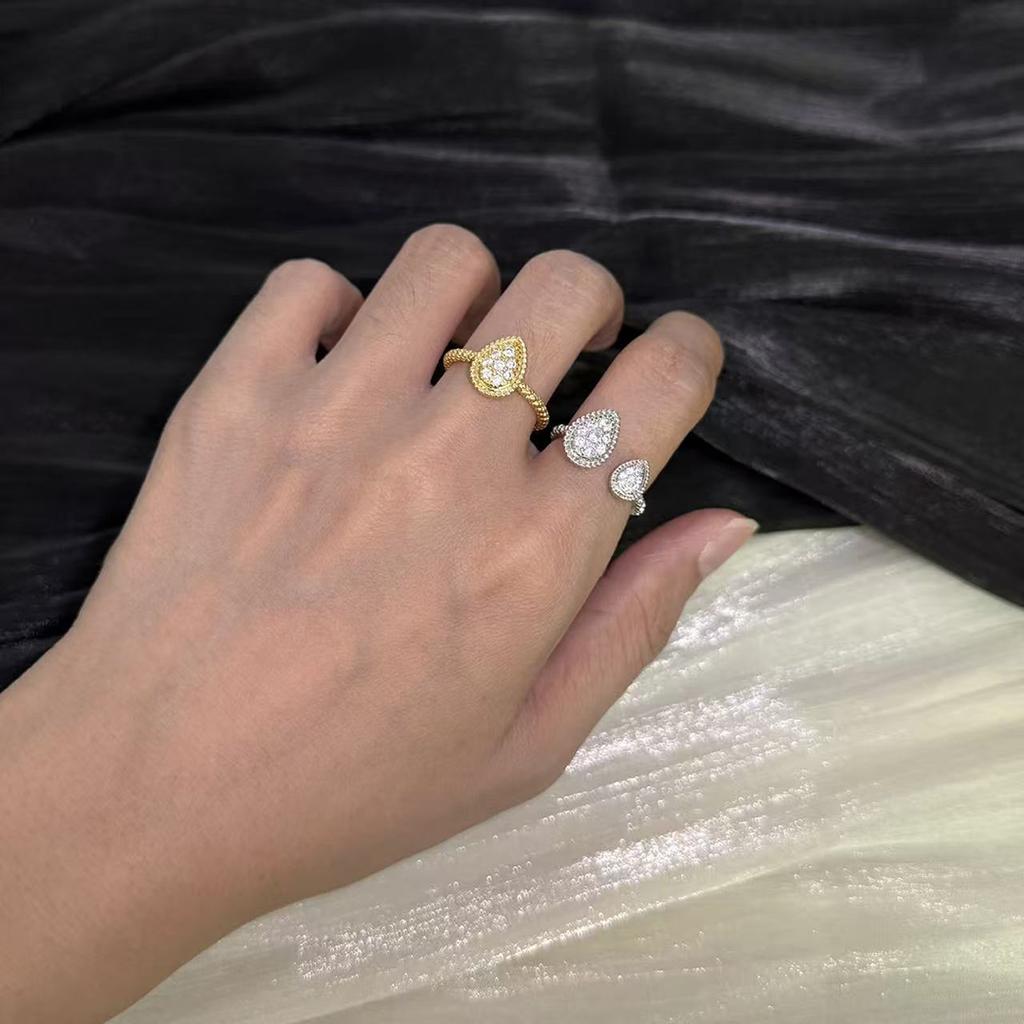 Electroplated gold full diamond water drop ring with an open ring. Advanced fashion gift