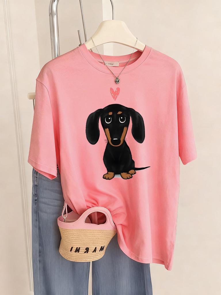 Dachshund With Heart Prints TShirt Womens Summer ONeck T Shirts Comfortable Loose Short Sleeve Tops Casual Soft Woman Clothes