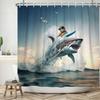 Funny Shower Curtains Cat Riding Shark Ocean Birds Sea Waves Cool Fun Bath Curtain Polyester Fabric Kids Bathroom Decor