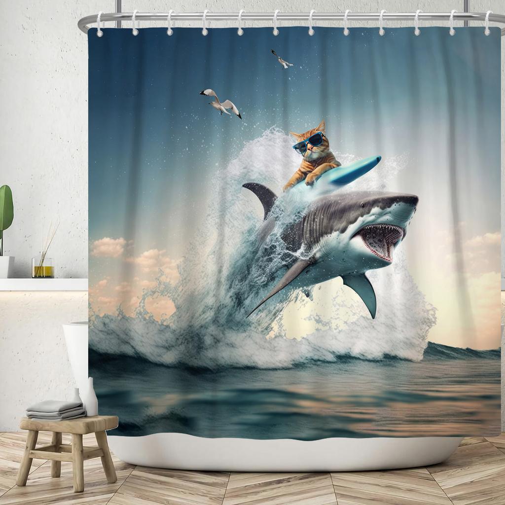 Funny Shower Curtains Cat Riding Shark Ocean Birds Sea Waves Cool Fun Bath Curtain Polyester Fabric Kids Bathroom Decor